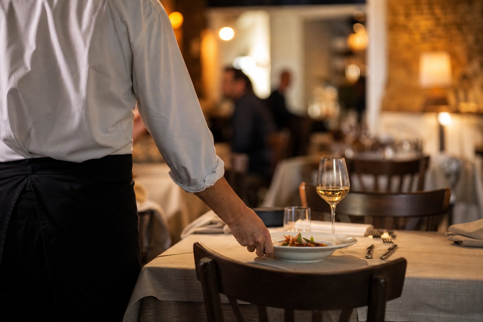 Un cameriere appoggia un piatto sul tavolo di un ristorante, visto di spalle