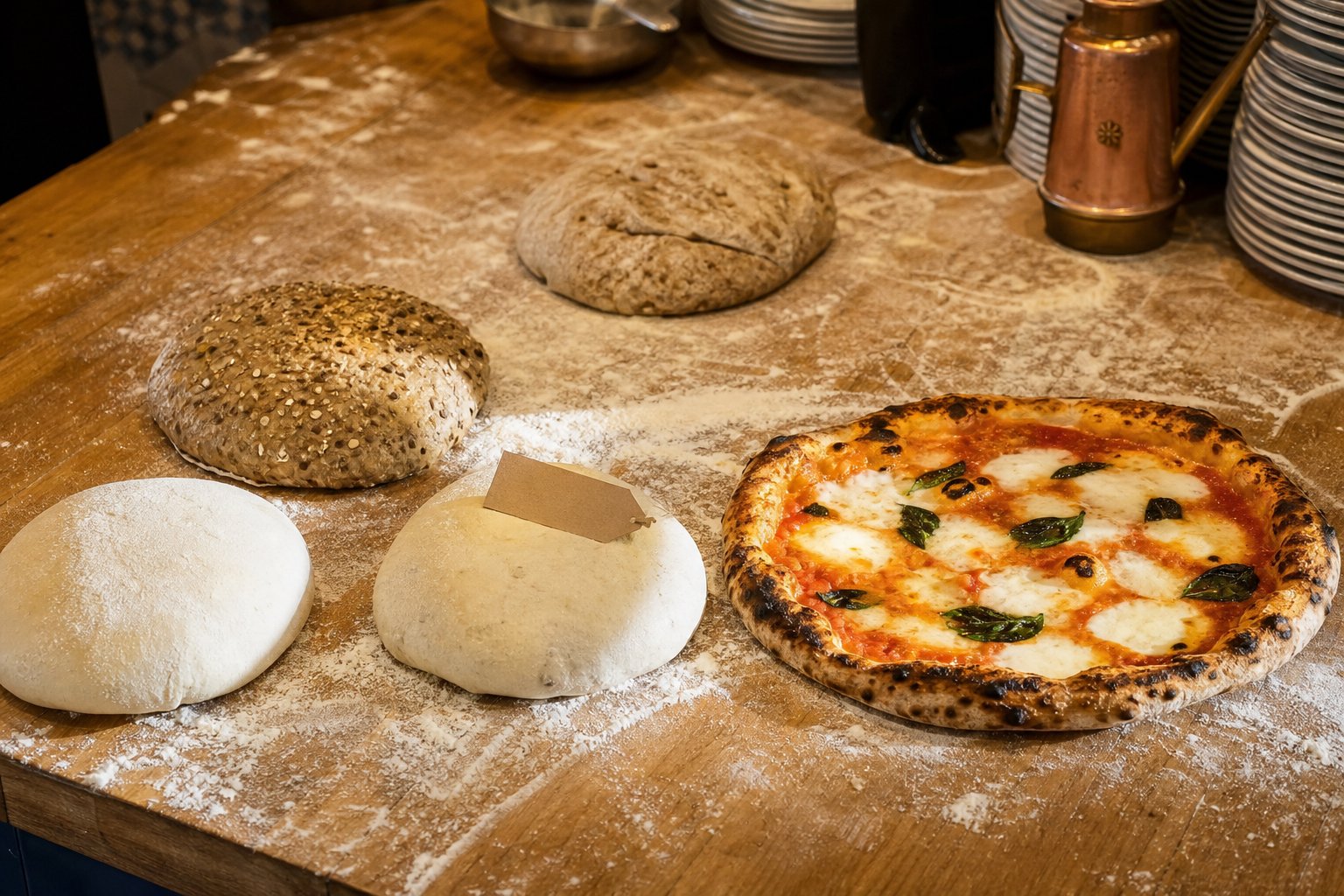 Quattro panetti di impasto diversi, classico, multicereali e rustici, e una pizza margherita appena sfornata su un banco da pizzaiolo infarinato