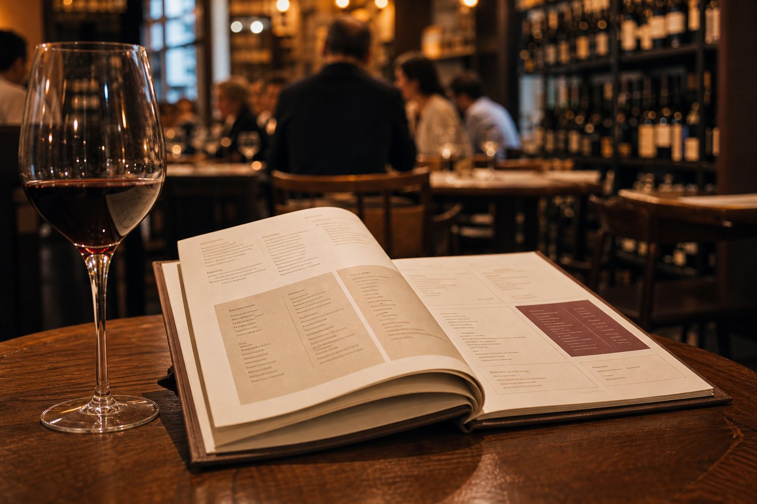 Calice di vino rosso accanto a una carta dei vini aperta su un tavolo di legno, in un locale con gli scaffali pieni di bottiglie