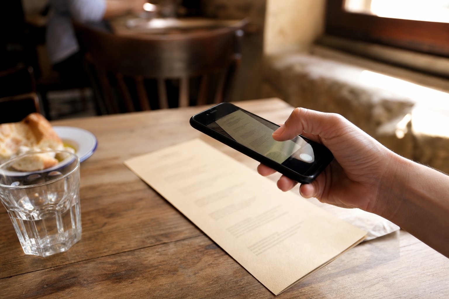Una mano tiene il telefono sopra un menu di carta appoggiato sul tavolo per fotografarlo