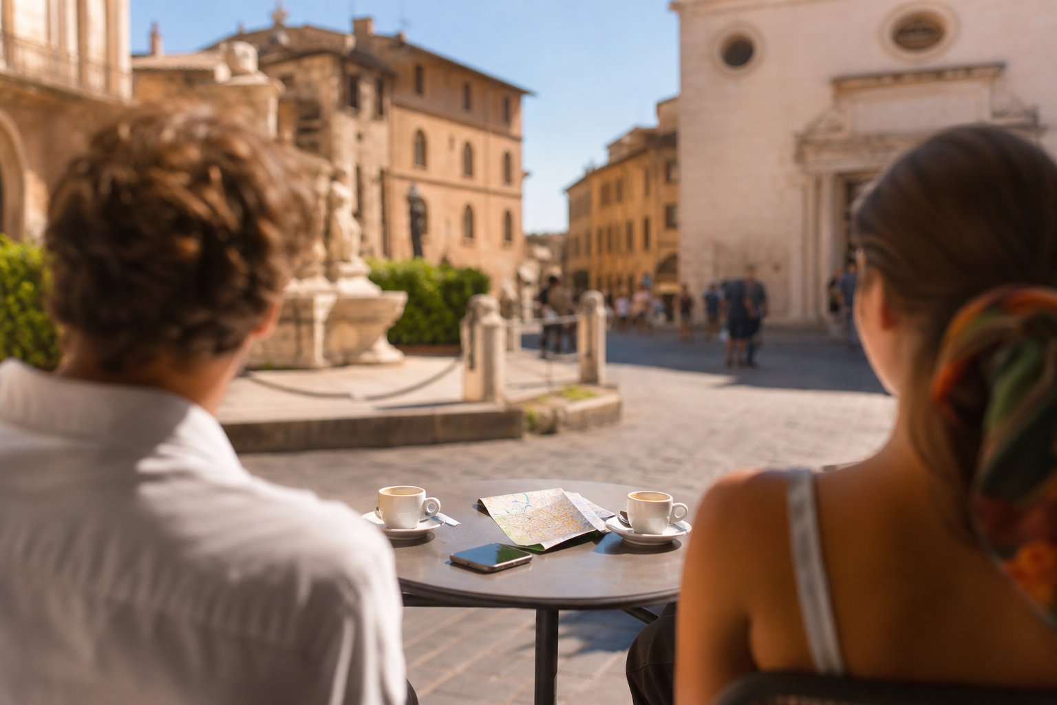 Due turisti seduti a un tavolino all’aperto in una piazza italiana guardano un telefono