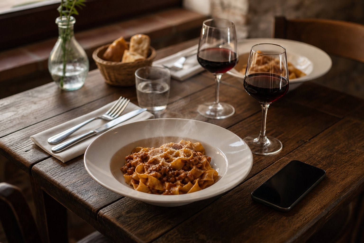 Un telefono appoggiato sul tavolo di una trattoria accanto a un piatto di pasta