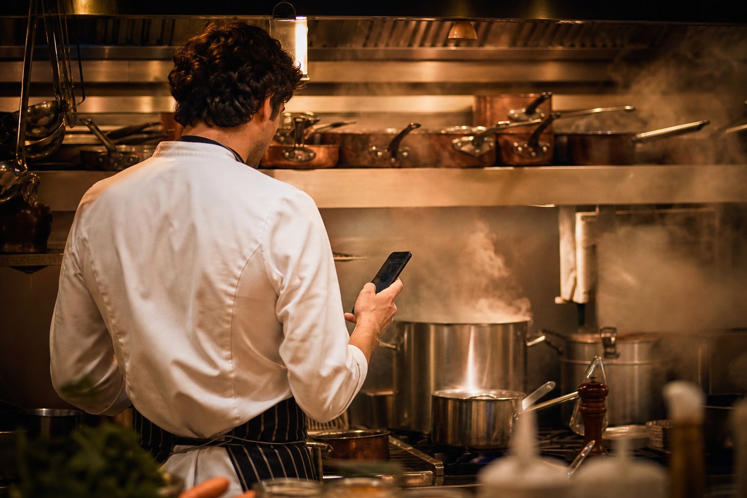 Un cuoco in cucina tiene in mano il telefono, visto di spalle davanti ai fornelli